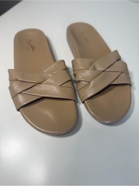 Seychelles Tan Leather Puffed Criss-Cross Slide Sandals | Size 9